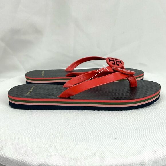 Tory Burch Minnie Flip Flops Sz 5 Logo Red Grenadine Thongs New Flat Sandals - Picture 6 of 8